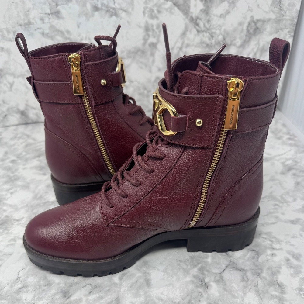 Michael Kors Burgundy Leather Lace Up Combat Boots Gold MK Logo Size 6.5M - Picture 8 of 10